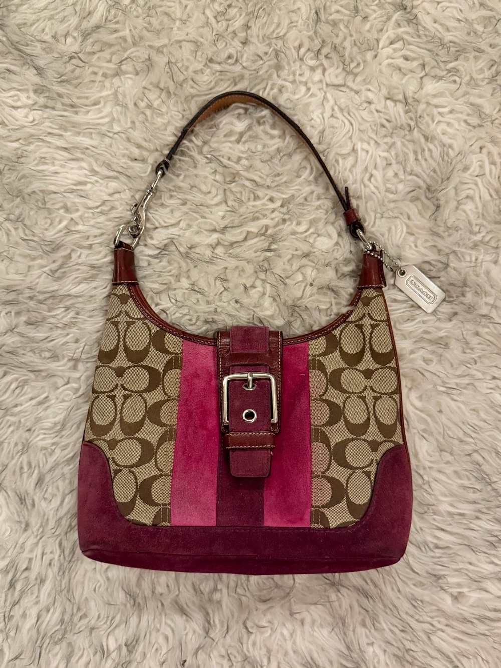 Coach Hobo Signature Suede Shoulder Bag - Pink / Khaki